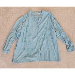 White Stag Plus Womens 22W 24W Light Green Linen Blend Embroidered Floral Shirt